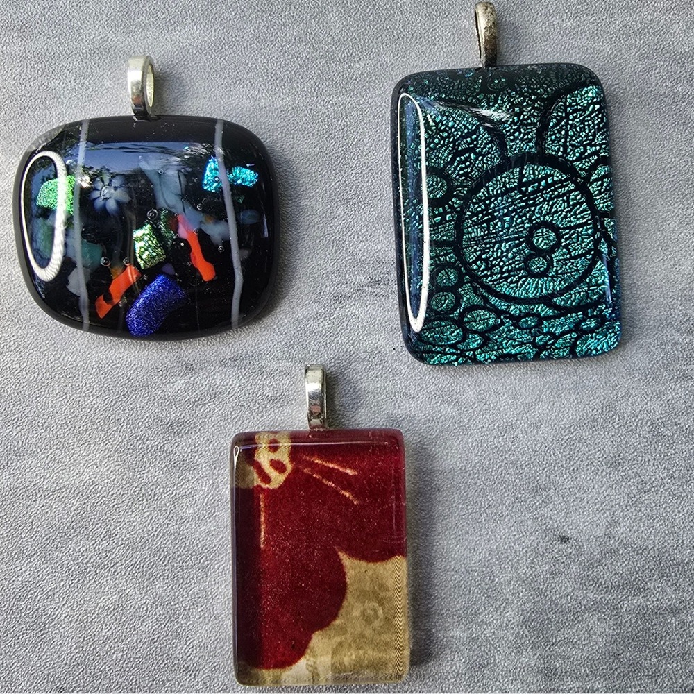 Lot of 3 Fused Glass Pendant Teal Dichroic Red Floral Black Millefiori Art Glass
